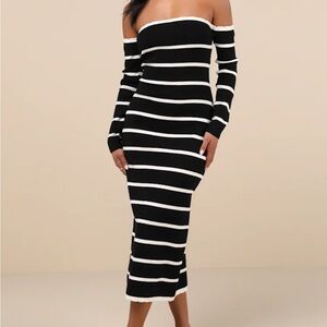 NWOT Chicest Side Black Striped Off-the-Shoulder Midi Sweater Dress
